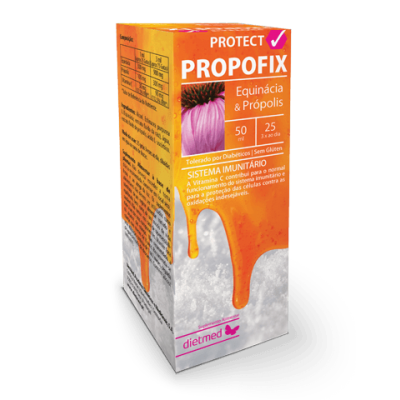 Embalagem laranja do suplemento PROPOFIX Equinácia & Própolis com imagem de flor