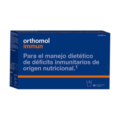 Caixa azul e laranja do suplemento Orthomol Immun com texto em espanhol