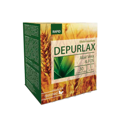 Caixa de comprimidos DEPURLAX com alusão a Aloé Vera e espigas de trigo