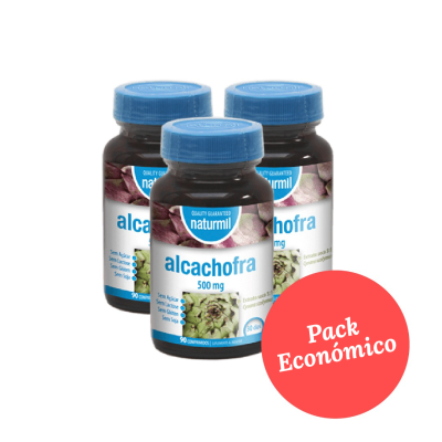 Três frascos de suplemento alcaçofra 500 mg naturmil com selo Pack Económico