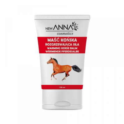 Bálsamo aquecedor Maść Końska em bisnaga branca com cavalo castanho na etiqueta