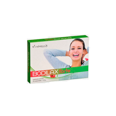 Embalagem de suplemento alimentar BODILAX forte com mulher sorridente