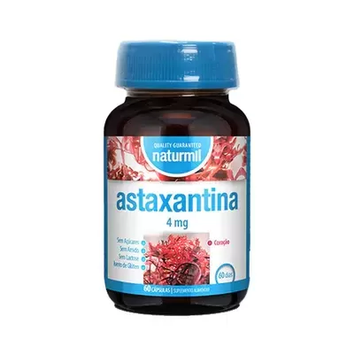 Frasco de suplemento alimentar Naturmil Astaxantina 4 mg com tampa azul