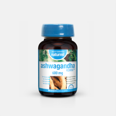 Frasco de suplemento alimentar Naturmil Ashwagandha 600 mg com tampa azul