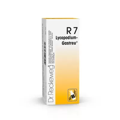 Caixa de medicamento Dr. Reckeweg R 7 Lycopodium-Gastreu branca e amarelo