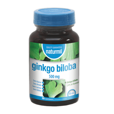 Frasco de suplemento naturais de ginkgo biloba com rótulo azul e branco