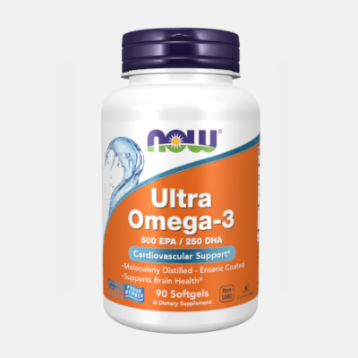 Frasco de suplemento Ultra omega-3 da marca NOW com 90 cápsulas