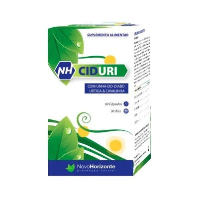 Embalagem de suplemento NH CIDURI com folhas verdes e design branco e verde.