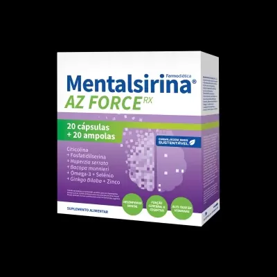 Embalagem de suplemento Mentalisrina AZ FORCE RX com 20 cápsulas e 20 ampolas