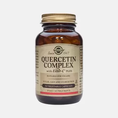 Frasco de suplemento alimentar Quercetin Complex da Solgar com 50 cápsulas vegetais