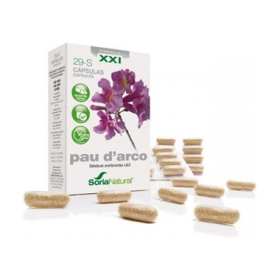 Embalagem de cápsulas pau d'arco com flor roxa e cápsulas castanhas