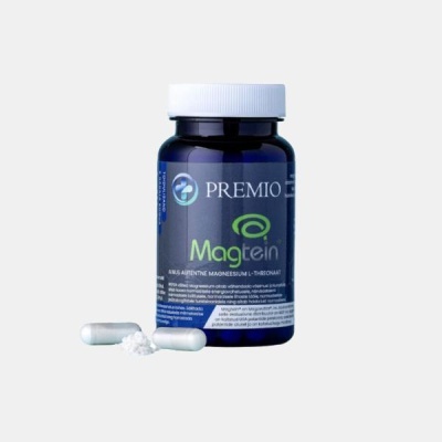 Frasco de suplemento Magtein com cápsulas abertas