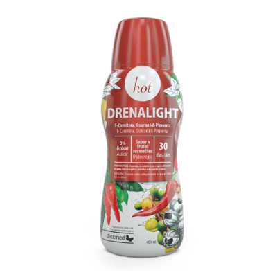 Frasco de suplemento DRENALIGHT hot com tampa vermelha e rótulo colorido