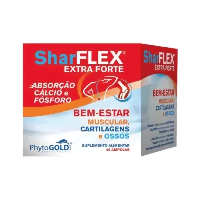 Caixa de suplemento alimentar SharFLEX Extra Forte 40 ampolas com texto em português