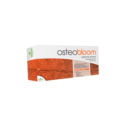 Embalagem de suplemento alimentar osteobloom com design branco e laranja e logótipo Bodem