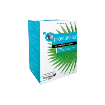 Embalagem de suplemento alimentar Prostanatur com design verde e azul