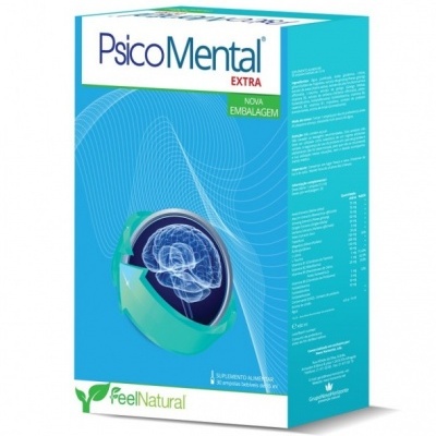 Embalagem do suplemento PsicoMental Extra azul e branca com imagem de cérebro