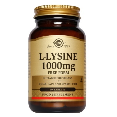 frasco castanho de suplemento Solgar L-LYSINE 1000mg com tampa dourada