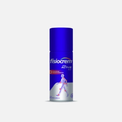 Frasco de creme Fisiocrem Active Ice azul e branco com imagem de silhueta humana