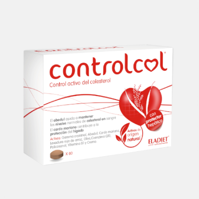 Embalagem do suplemento Controlcool para controlo do colesterol com design branco e vermelho