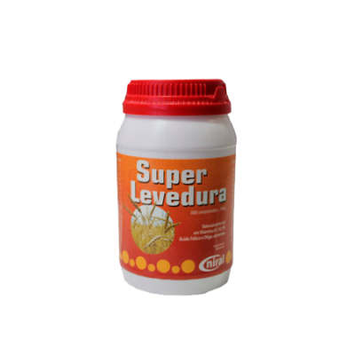 Frasco branco com tampa vermelha de suplemento Super Levedura