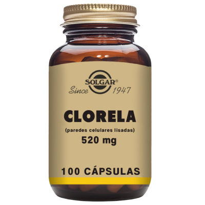 Frasco de suplemento Solgar Clorela 520 mg 100 cápsulas