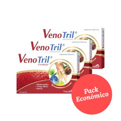 Embalagens do suplemento alimentar VenoTril Circulação com frutos e perna ilustrada, selo 'Pack Económico'.