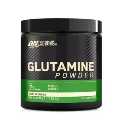 Frasco preto de Glutamina em pó da Optimum Nutrition com etiqueta verde e dourada