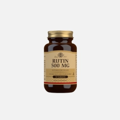 frasco de suplemento alimentar RUTIN 500 MG em vidro castanho com tampa dourada