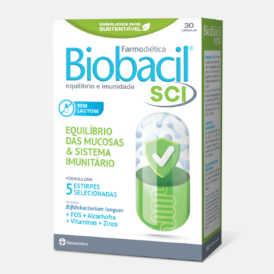 embalagem de suplemento Biobacil SCI com texto e imagem de cápsula verde translúcida