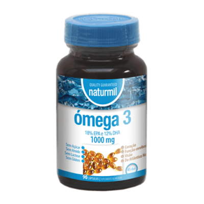 Frasco de suplemento ômega 3 Naturmil com cápsulas douradas