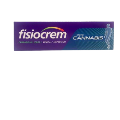 Embalagem roxa e azul de creme Fisiocrem Cannabis com texto branco e amarelo