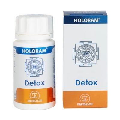 Frasco e caixa do produto Detox Holoram em rótulos azul, branco e laranja.