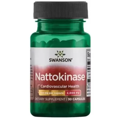 Frasco verde de suplemento Nattokinase da marca Swanson com 30 cápsulas