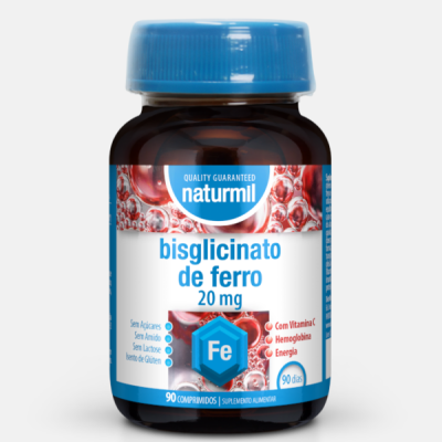 Frasco de suplemento bisglicinato de ferro 20 mg com tampa azul e rótulo branco. 