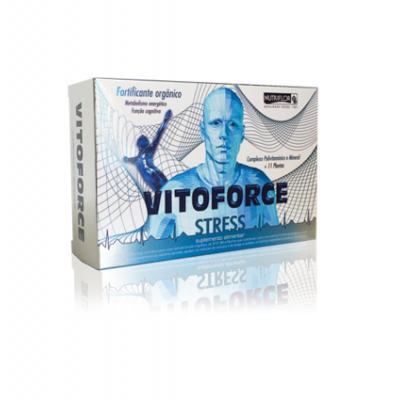 Caixa do suplemento Vitoforce Stress com design em azul, branco e cinza, ilustrando um corpo humano estilizado.