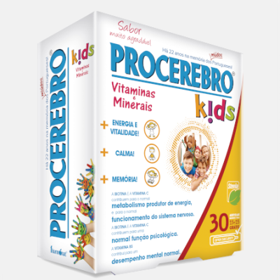 Caixa de vitaminas PROCEREBRO kids para crianças com cores branco, azul, vermelho e amarelo