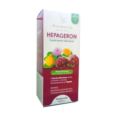 Embalagem do suplemento alimentar Hepageron da Bioceutica com plantas ilustradas e texto explicativo em português.