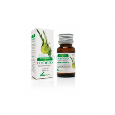 Frasco de óleo essencial de romero com embalagem branca e tampa metálica