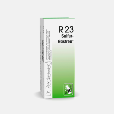 Embalagem de medicamento branco e verde com texto R 23 Sulfur- Gastreu®