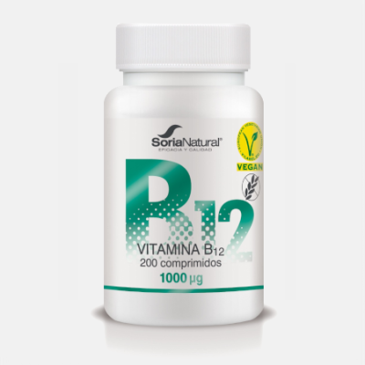 Frasco de suplemento vitamínico B12 da Soria Natural com selo vegan