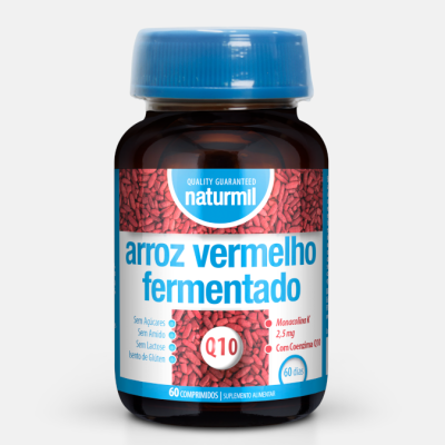 Frasco de suplemento alimentare arroz vermelho fermentado Naturmil com tampa azul