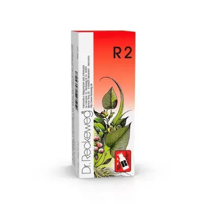 Embalagem de produto Dr. Reckeweg R2 com ilustração de plantas e fundo vermelho e branco
