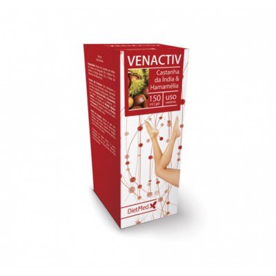 Embalagem vermelha e branca do gel Venactiv, contendo Castanha da Índia e Hamamélia