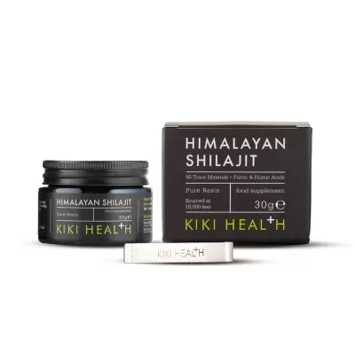 Suplemento alimentar Himalayan Shilajit em embalagem preta com frasco e caixa