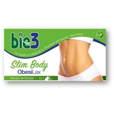 Embalagem verde e branca de infusão de plantas 'bie3 Slim Body ObesiLax' com imagem de cintura feminina.