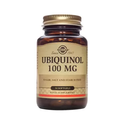 Frasco de suplemento Solgar Ubiquinol 100 MG com 50 softgels