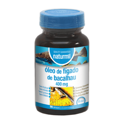 Frasco de suplemento óleo de fígado de bacalhau Naturmil com tampa azul