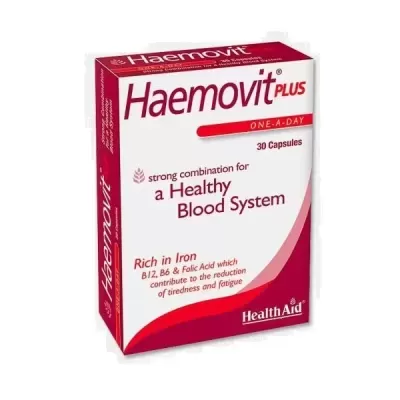 Embalagem de suplemento Haemovit Plus, 30 cápsulas, branco e vermelho.