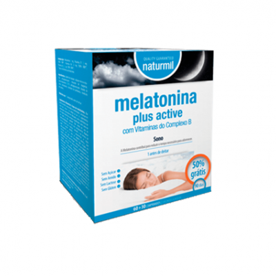 Caixa do suplemento melatonina plus active da naturmil com indicação de sono e selo 50% grátis